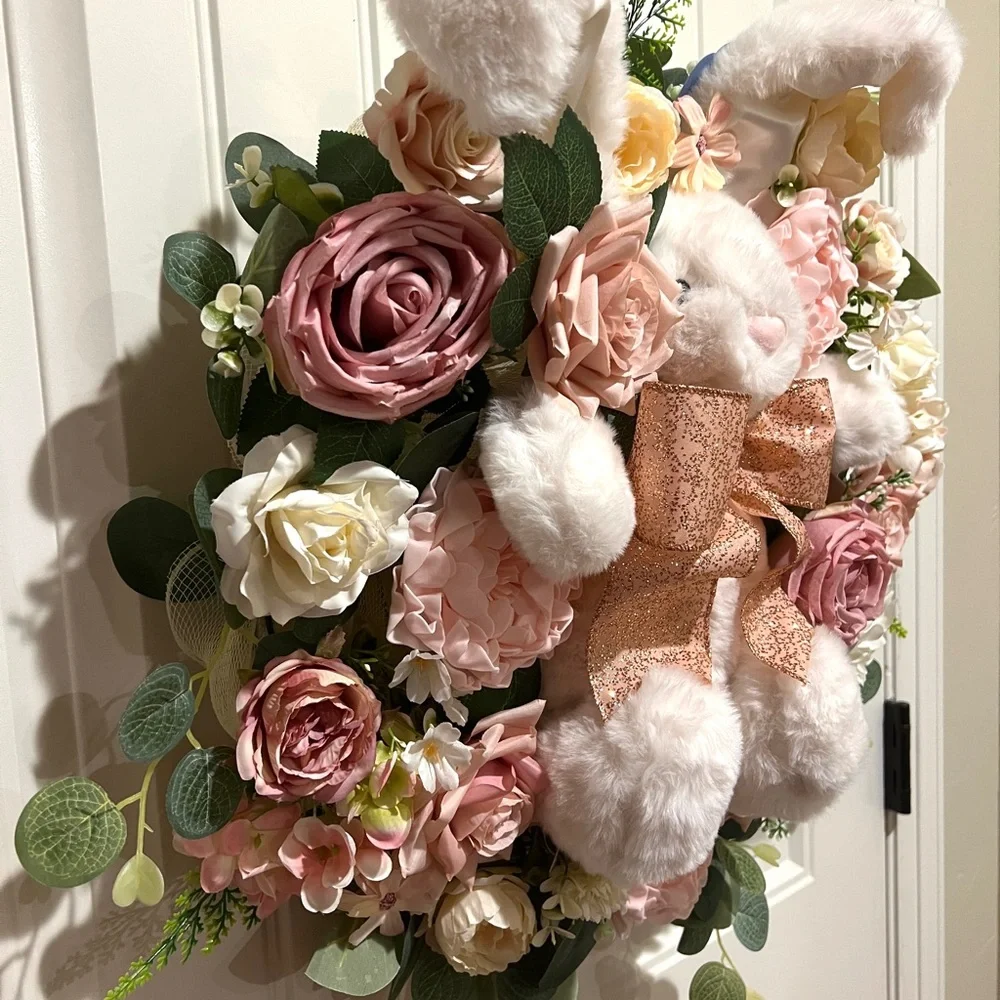 Handmade Floral Bunny Spring Silk Flower & Ribbon Wreath 22 in W7